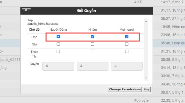 Chọn quyền cho htaccess
