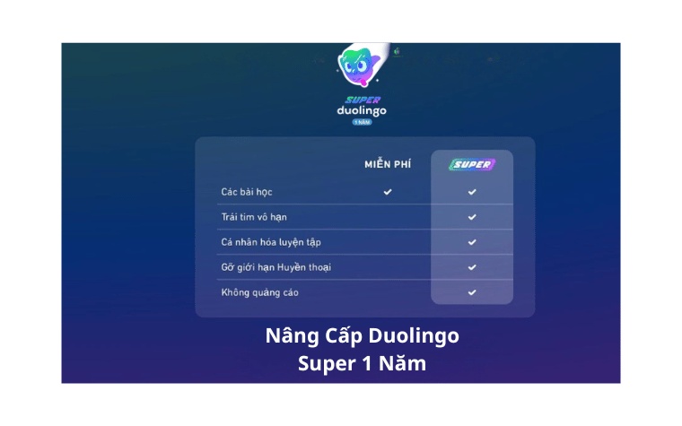 Nâng cấp tài khoản Duolingo Super 1 Năm